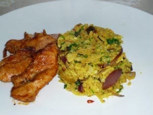 Vegetable rice served with soy, maple glazed chicken