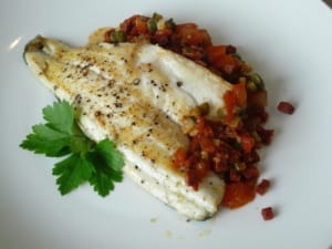 Picture of fillet of sea bass with chorizo and tomato ragu