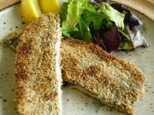 Herring fillets coated in oatmeal & fried to golden brown