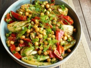 Roasted fennel, red peppers and chick peas, with a harissa, tomato & lemon dressing