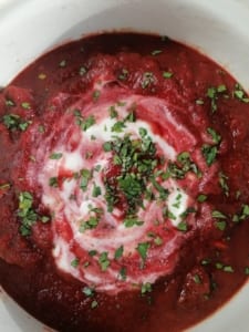 A casserole of beef with beetroot puree