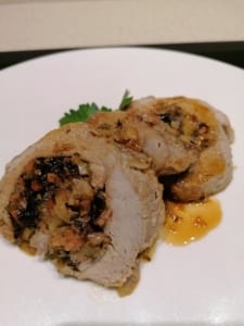 Pork tenderloin flattened and rolled with bacon, apple and prune stuffing.