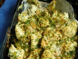 Roast cauliflower, cannelini beans and leeks in a cheese sauce