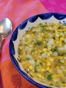 A bowl of chowder made with leeks, sweetcorn and potatoes
