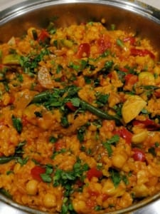 Vegetable Paella made with red peppers, green beans and Brussels sprouts