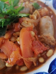 A dish of sausage and bean casserole