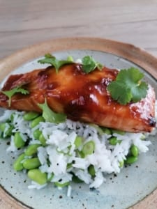 Salmon fillet marinated in hoisin sauce served on edamame rice
