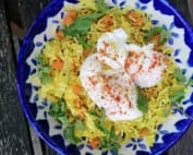 A bowl of Kerelan spiced vegetables with poached eggs