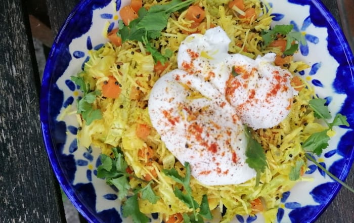 A bowl of Kerelan spiced vegetables with poached eggs