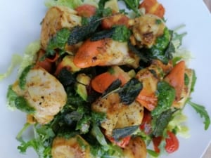 A salad of Seared Scallops with Watercress dressing