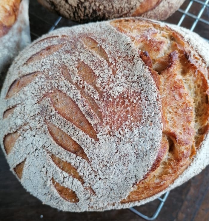 An image of a sourdough loaf with a wheat ear pattern