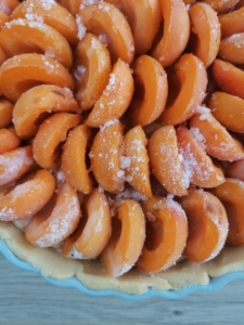 An image of apricot halves in a tart ready for the oven