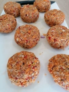an image of formed nut rissoles ready for coating in flour