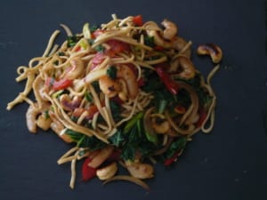 An image of stir fried prawns with cashew nuts & noodles