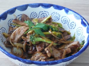 an image of stir fried pork fillet in a broccoli & orange sauce