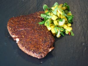 an image of spice crusted, seared tuna steak with mango salsa