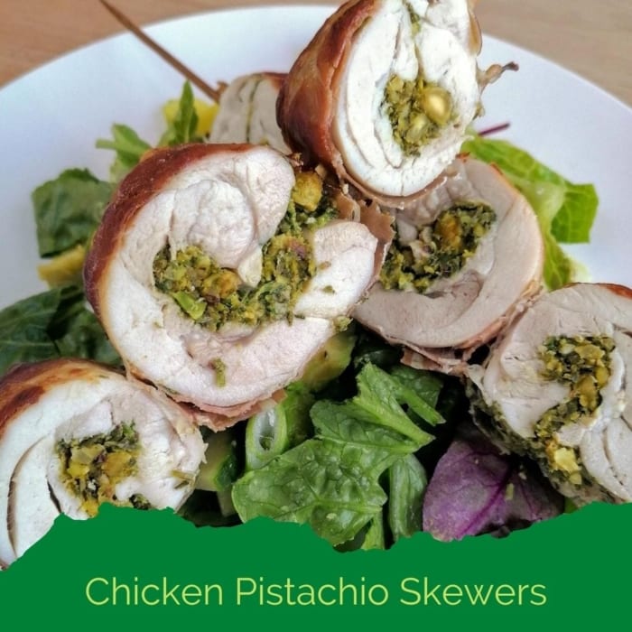 An image of chicken & pistachio skewers