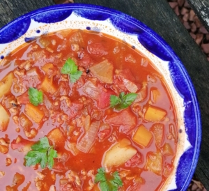 An image of a bowl of goulash soup