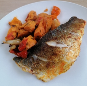 An image of spice fillet of seabass with baked sweet potato